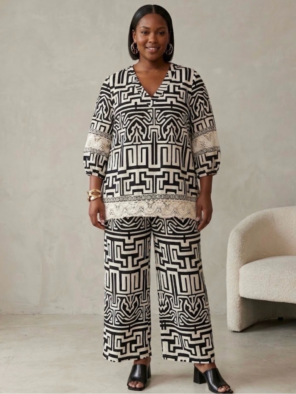 NWT Cynthia Rowley Black and Cream Geo-Print Wide Leg pant and top